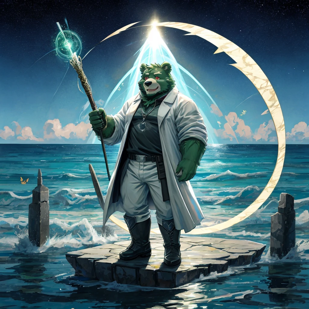 anthro, kemono, male, solo,  (((green bear))), (((green fur))), green hair, beard, white eyebrows, red eyes, mature, mage staff, magic, (black t-shirt inside), (((white unhooded trench coat ))), gray trousers, military boots, mid shot, full body, ocean, sea waves, water splashes, sky, light particles, butterflies, night, starry sky, standing, standing on water, clear face,