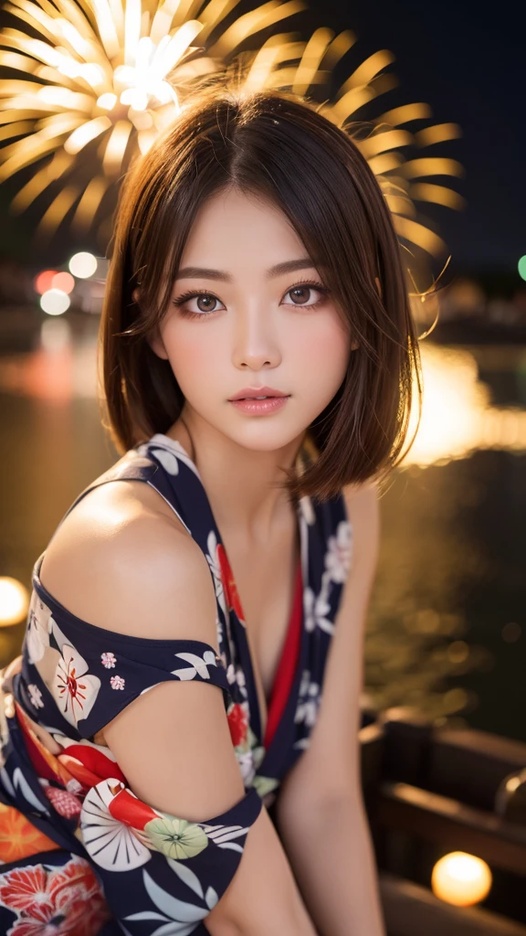 (Highest quality, 8k, masterpiece: 1.3),double eyelid　Fine grain　Highly detailed face and skin　Beautiful legs　Fireworks display　yukata