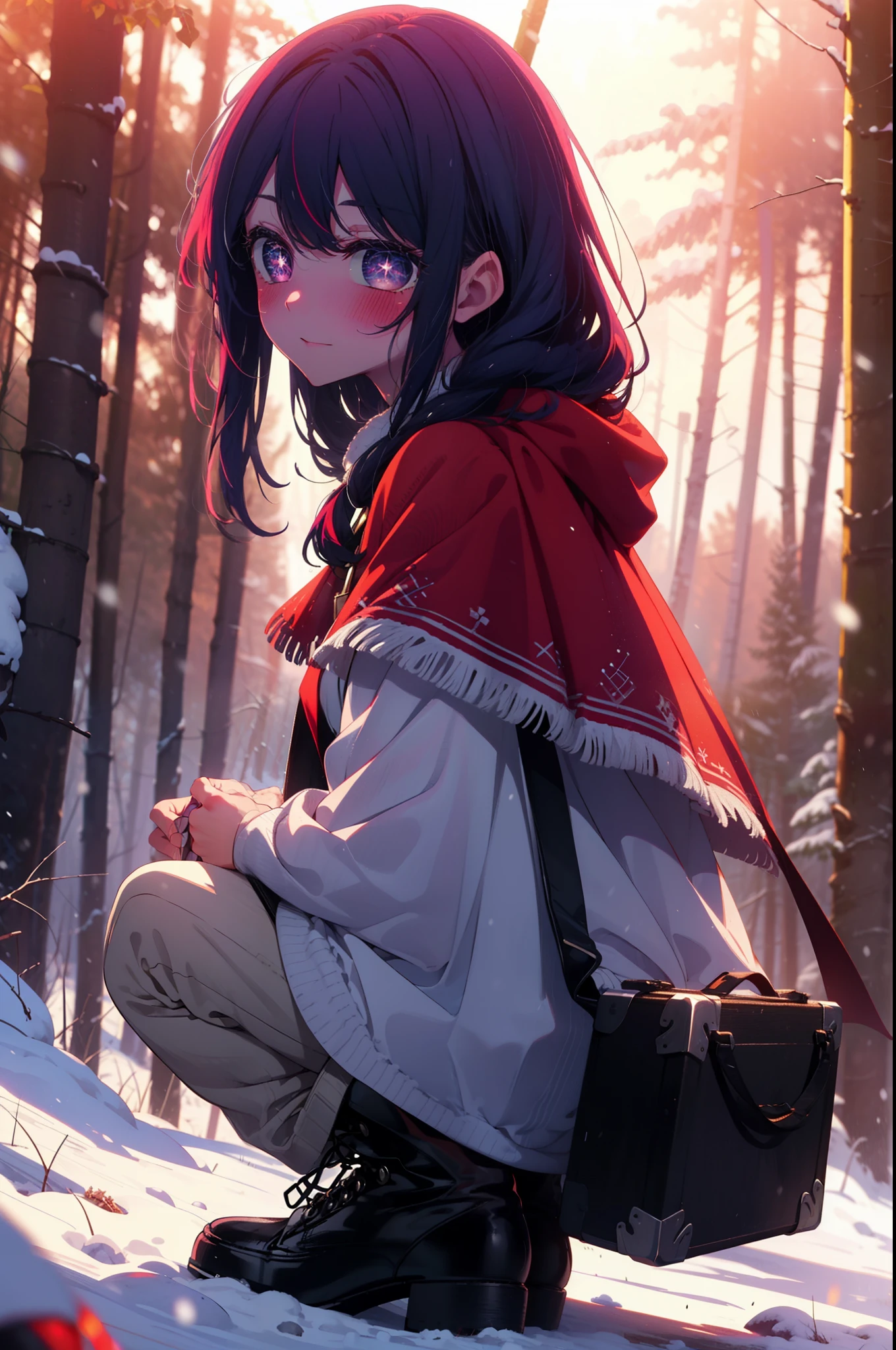 aihoshino, Ai Hoshino, Long Hair, bangs, (Purple eyes:1.1), Purple Hair, (Symbol-shaped pupil:1.5), smile,,smile,blush,white breath,
Open your mouth,snow,Ground bonfire, Outdoor, boots, snowing, From the side, wood, suitcase, Cape, Blurred, , forest, White handbag, nature, Squat, Mouth closed, Cape, winter, Written boundary depth, Black shoes, red Cape break looking at viewer, Upper Body, whole body, break Outdoor, forest, nature, break (masterpiece:1.2), Highest quality, High resolution, unity 8k wallpaper, (shape:0.8), (Beautiful and beautiful eyes:1.6), Highly detailed face, Perfect lighting, Highly detailed CG, (Perfect hands, Perfect Anatomy),