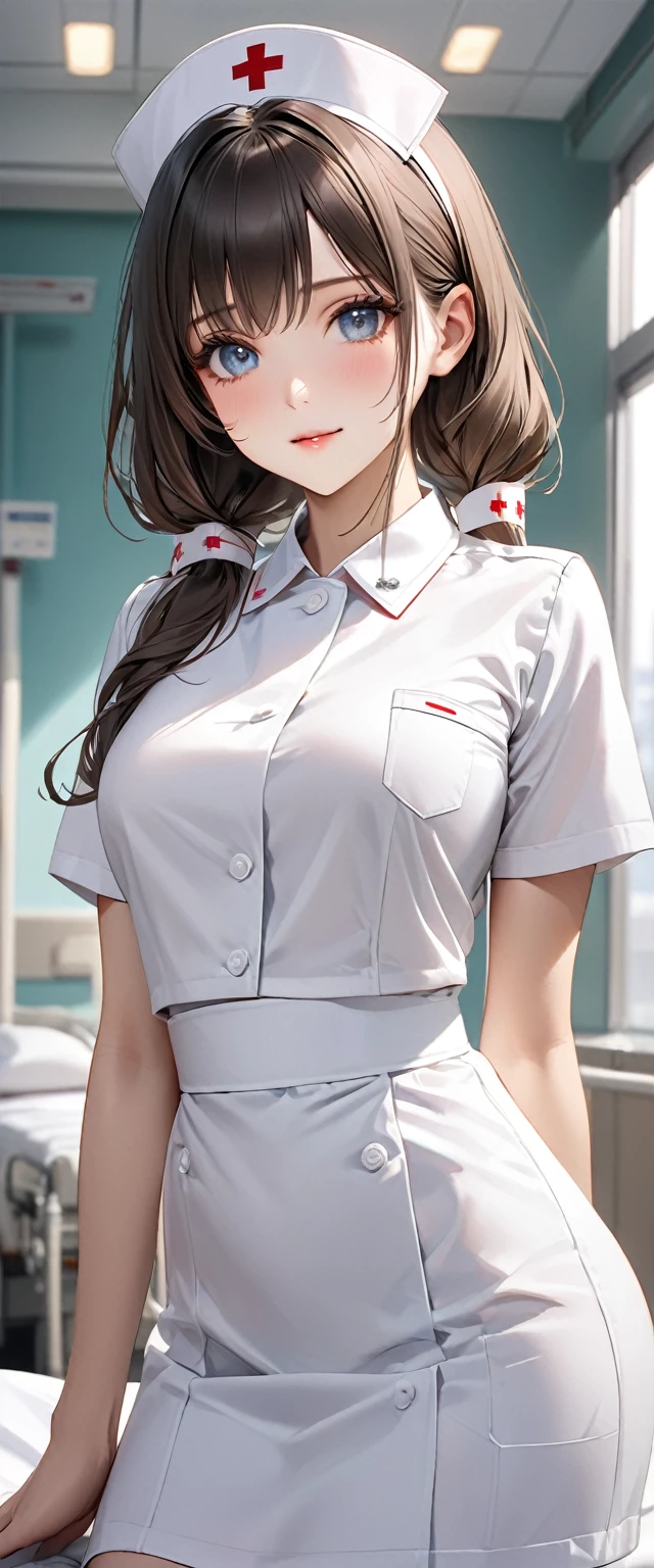 (8K、Top image quality、top-quality、​masterpiece)、A detailed face、1 girl in、Black hair ponytail、blunt bangs、black eyes、smil、Moderately breasts、Nurse Cap、nurse、white glove、white pencil skirt、white pantyhose、cowboy  shot、Hospital Background