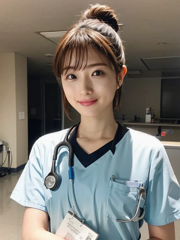 girl, alone, Bun Hair, short hair, Medical scrub、White scrub、Female nurse、Hold in hand、Short sleeve、Long trousers、Name tag, (ID card)、strap, (Stethoscope)、Hospital corridor、Warm lighting、sense of cleanliness
