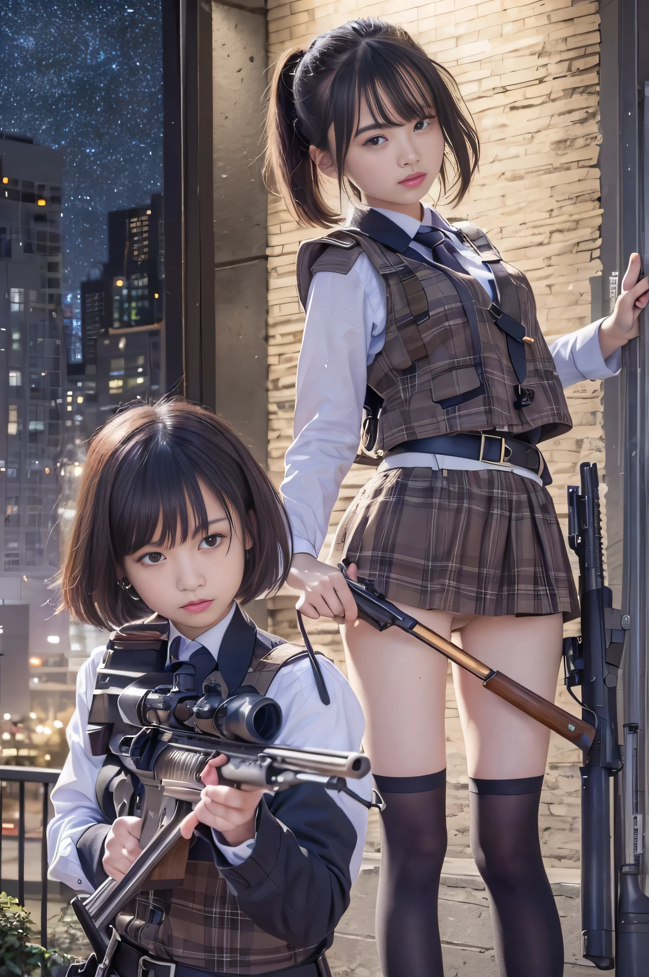 (RAW quality:1.4), 1 female、14 years old, Black Hair, (Straight Short Hair:1.4), (so beautiful)、(Beautiful Face:1.5)、(Detailed face)、Are standing、(high School Uniform)、Dark blue jacket、White shirt、tie、Checked mini skirt、Brown hair、(heavy makeup)、(hold the rifle)、(Point your rifle:1.5)、h&In the case of hK416、(On the roof of a high-rise building), night, Starry Sky, milky way,