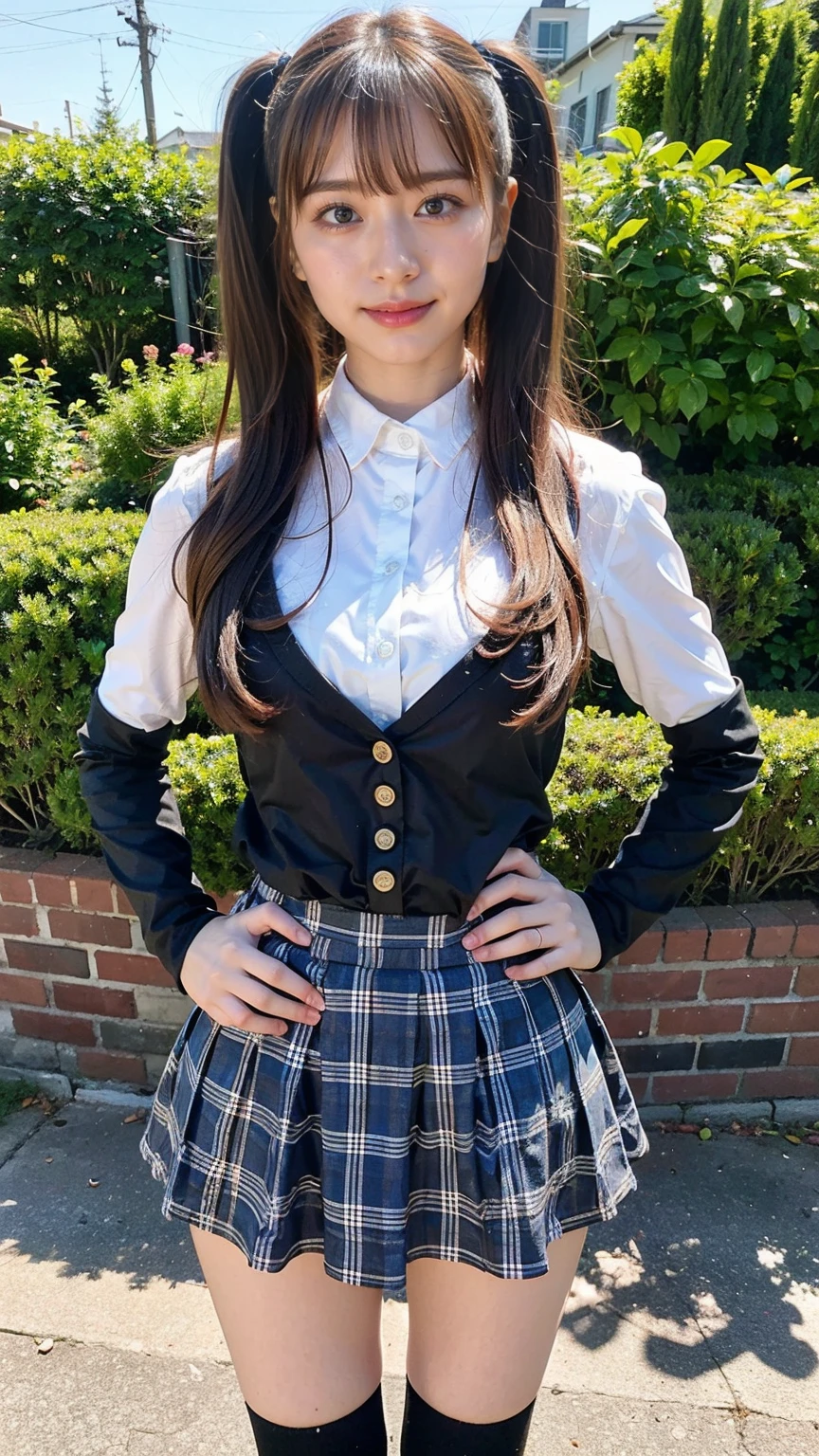 (8k、RAW Photos、Highest quality、masterpiece:1.2)、(Realistic、Realistic)、1 Girl、((See-through、Twin tails、Idol Costume、Exposed Skin、ribbon、Light blue and black checked mini skirt、Frilledium Hair、smile、whole body、boots、garden、View from the front、Looking at the camera、Hands on your hips))、cute