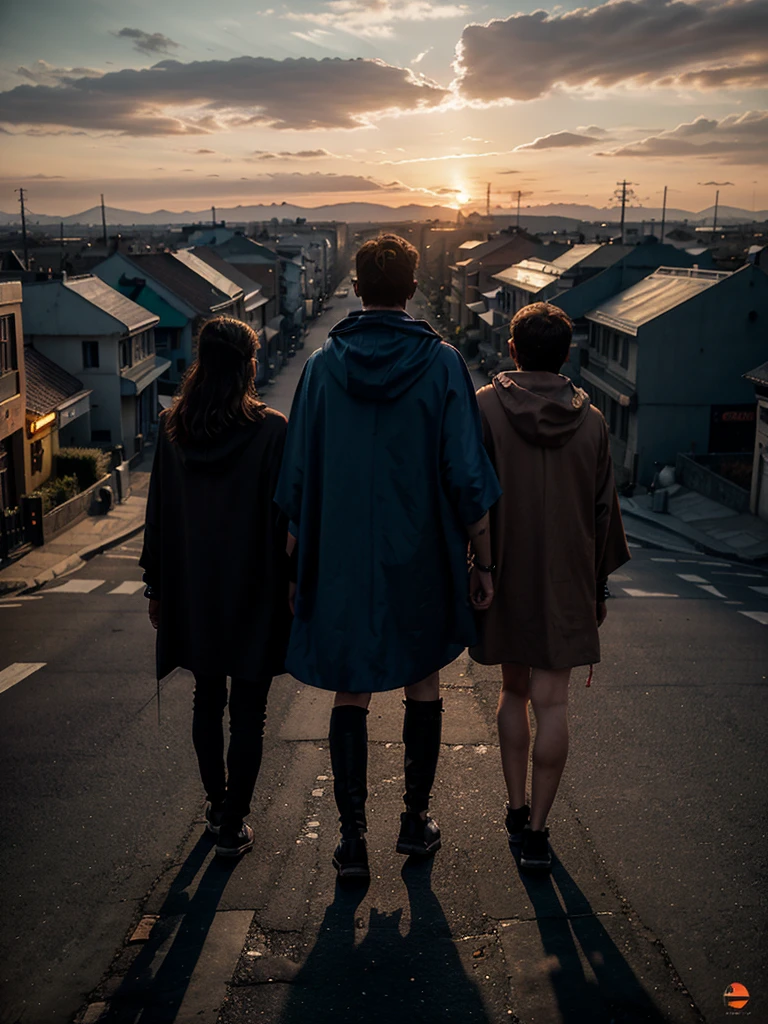Three man in a cloak meet on one road and walk into the cyberpunk sunset. view from avay,Bird's eye view