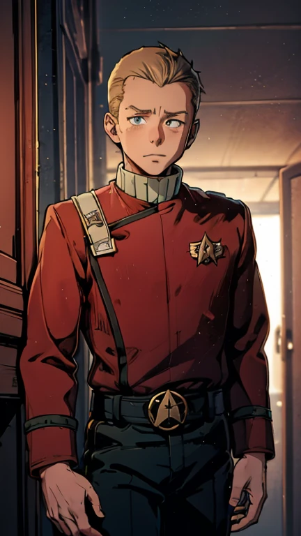 (Teens:1boy: Tintin,twokunf uniform), (extremely detailed CG unit 8k wallpaper),(master part), (best quality), (ultra detali), (best illustration),(melhor ombre), cowboy shot, (Sharp eyeliner, ombre, detailed eyes:1), Starship indoors background, ,break , (Dan Mumford style), upper body,short hair, grey hair, 1man,1boy, red top,black pant