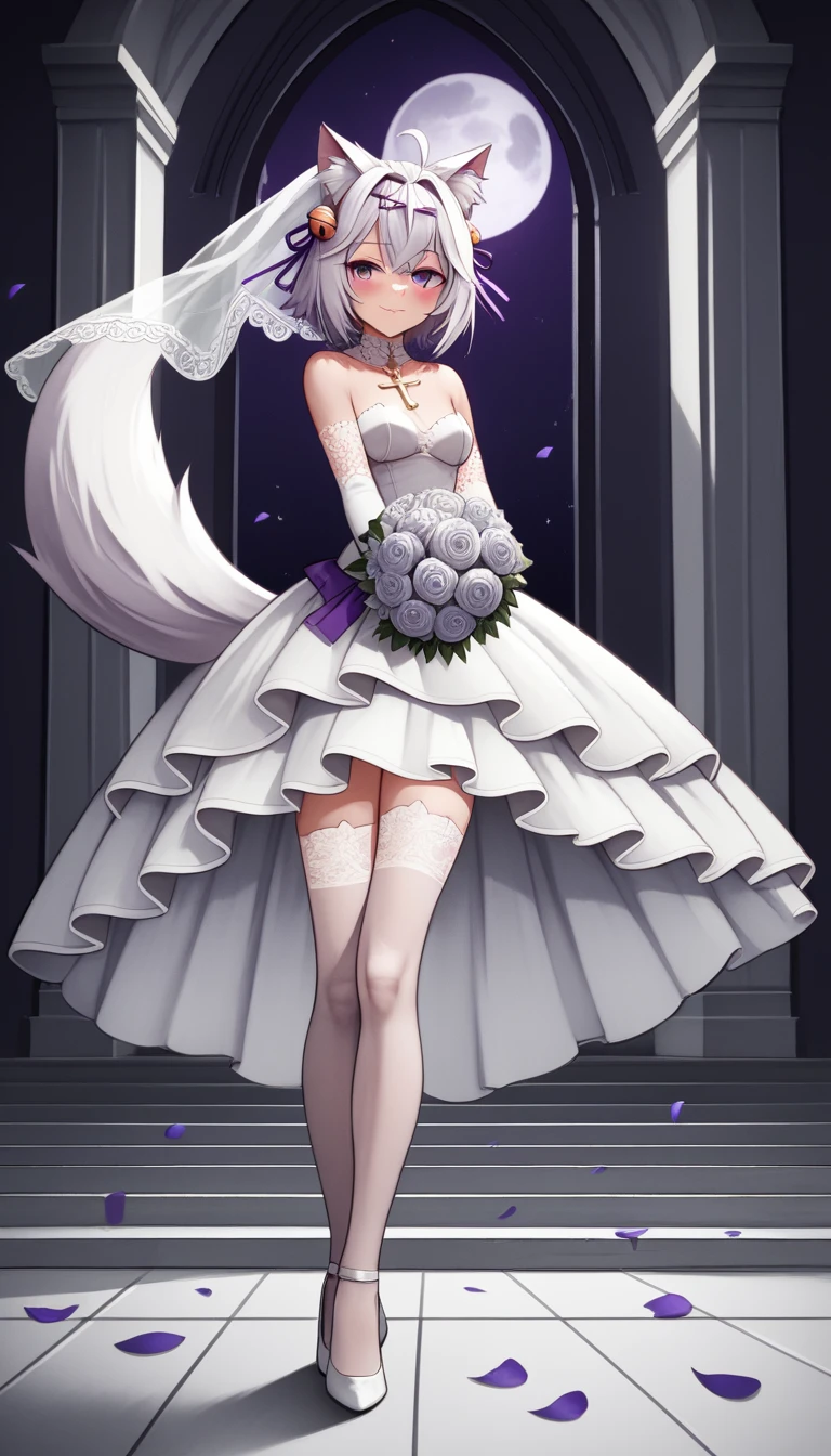 UHD, masterpiece, best quality, midnight, moon, moonlight, church, 1girl, solo, Filian, fox tail, cat ears, white hair, short hair, ahoge, hairclip, hair bell, long ponytail extension, big round eyes, deep purple eyes, ((dark purple eyes)), blush, seductive smile, a-line white wedding dress, white bridal veil, white wedding veil, white lace arm sleeve, white gloves, white lace stockings, white heels, slim arms, slim legs, Eye-Level Shot, holding bridal bouquet with purple ribbon, ((hidden hand)), full body pose, standing up, cross legs, innocent pose, front view, scattered petals