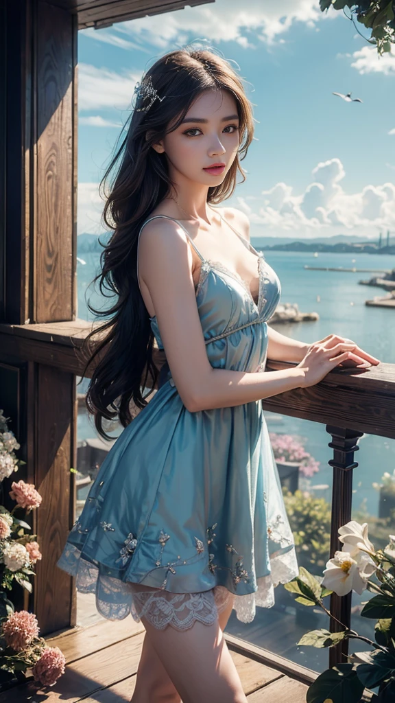 8K, UHD, masterpiece, 1 girl, good face, very long hair, detailed eyes, detailed lips, light makeup, small breasts, ((ornament dress)), teal dress, ((strap lace)), stocking, in the cloud, cloudy sky, flowers, water, heaven, flying birds, dim lighting, realistic shadow, bloom, ray tracing,