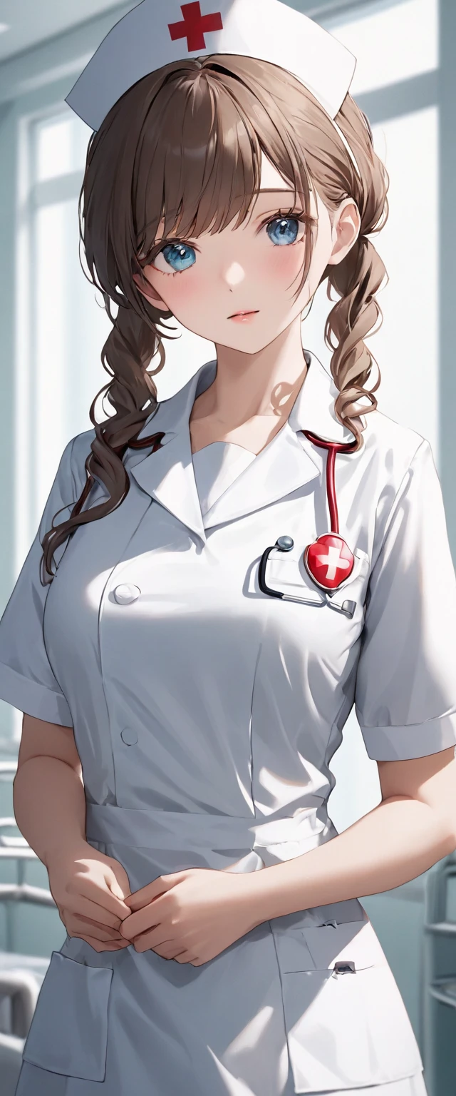 Nurse.A professional image full of love and responsibility。Hospital background(best quality:1.2), (High resolution:1.2), (beautiful face and eyes:1.2), (sharpest focus:1.2), (Hyper-realistic photos:1.2), (Super accurate photos:1.2), (Depth of Field:1.2), (perfect :1.2), (Beautiful hands:1.2), (perfect hands:1.2), (Wearing a crisp white nurse's uniform,Wearing a nurse hat and a slender figure,Elegant manners, generous appearance and kind face,Gentle and considerate eyes),
