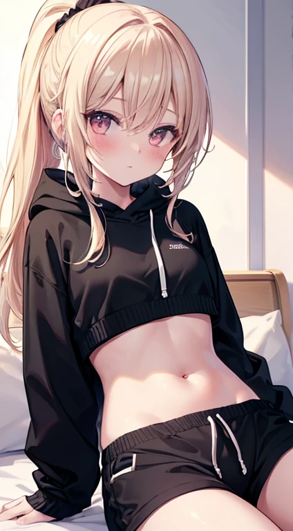 A beautiful young girl with sun-dappled skin, 1 girl , sitting on her bed, wearing a black hooded sweater, showing her belly, short black shorts with white drawstring in the middle , looking at the viewer, (abdomen visible), Slightly pink abdomen, embarrassed face,blonde eyes, blonde, Long hair, High ponytail, (8k ultra high quality image ) masterpiece ( high definition image ) , maximum image resolution , ( well-defined image details )