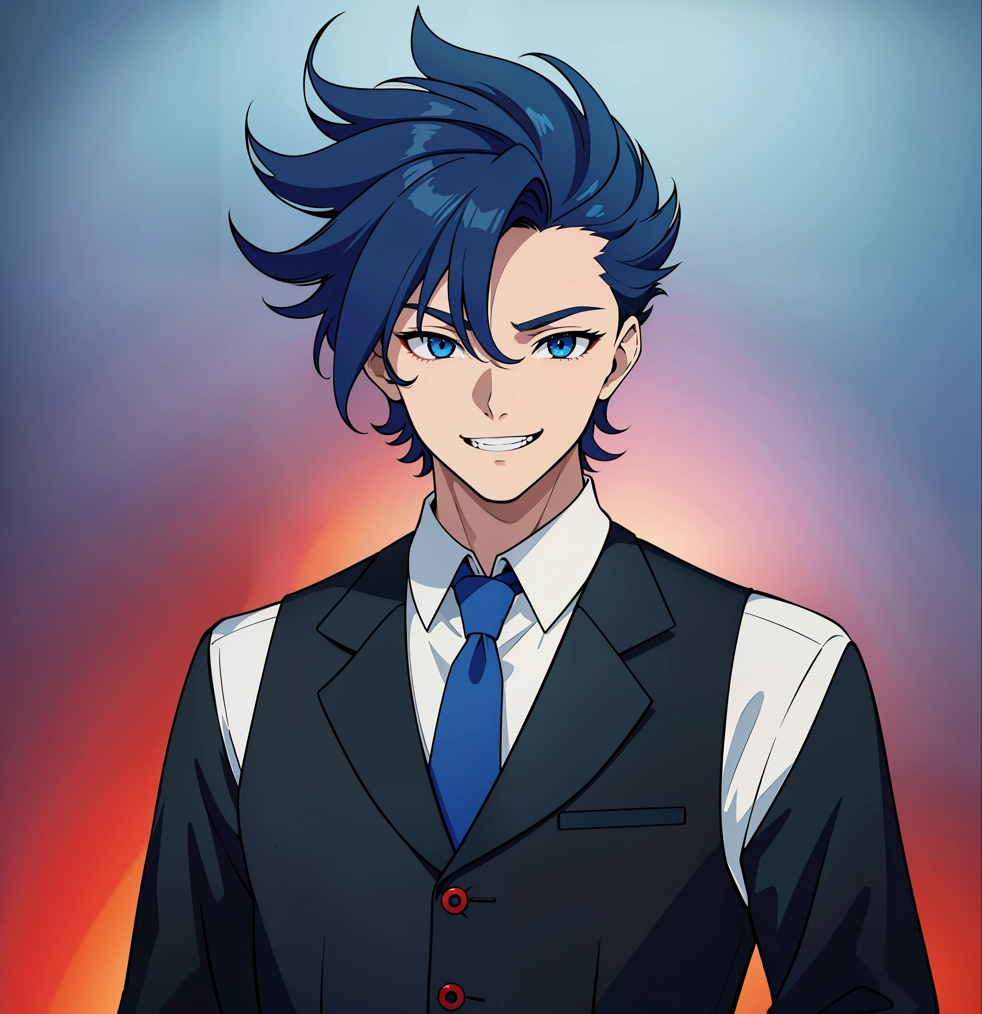 anime boy, smiling, happy, teeth, dark blue hair, blue eyes, red waistcoat, white shirt (beautiful and aesthetic:1. 5), thick black lineart, clean lineart, perfect lineart, moody lighting, gritty, intense, sharp lineart, best quality, high quality, best quality, ultra-detailed, saturated colours, HD,