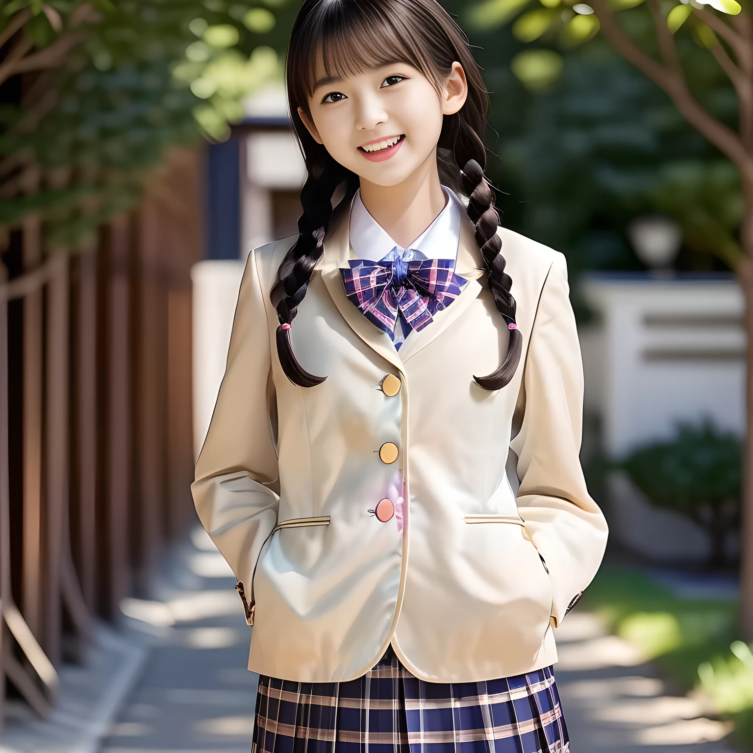 (Highest quality, masterpiece:1.2), Highest quality, High resolution, 1080P, 8k, height: 158cm, ((A noble, graceful and intelligent girl who looks like a best proportion Japanese young lady is turning around and giggling in a strong wind)), ((So sweet, very noble, neat, and pretty 14yo Japanese beautiful cute girl)), ((A real, very girly, sweet, cute and noble girl)), ((((A beautiful Japanese 14yo cute fashion model)))), ((((Very pure white face and limbs)))), Glossy Lips, (Evenly cut bangs), ((Very beautiful, droopy, cute, pure, noble brown eyes)), ((Super long, black tightly tied twin braids hair )), ((braids of the same length)) (Very shiny, glossy Lips), ((Beautiful straight hair like a school promotion model)), Watch at you, ((Incredibly well organized, Rich facial expressions)), ((Plump and beautiful white skin and face)), ((Pure, clear, gentle brown eyes)), ((staring at me)), Glossy Lips, ((noble and elegant)), Very beautiful blue skirt, ((Large upward-curving lips)), ((((Navy Japanese school blazer with noble golden emblem)))), ((Navy and sapphire blue Japanese school uniform)), ((Tartan check pattern dark blue pleated long skirt)), ((Cobalt blue string chest ribbon)), ((((An ecstatic expression of boundless joy)))), (((Beauty and fashion magazine for young girls))), (Pretty eyes and faces with detailed:1.6), ((Cute beautiful knees))