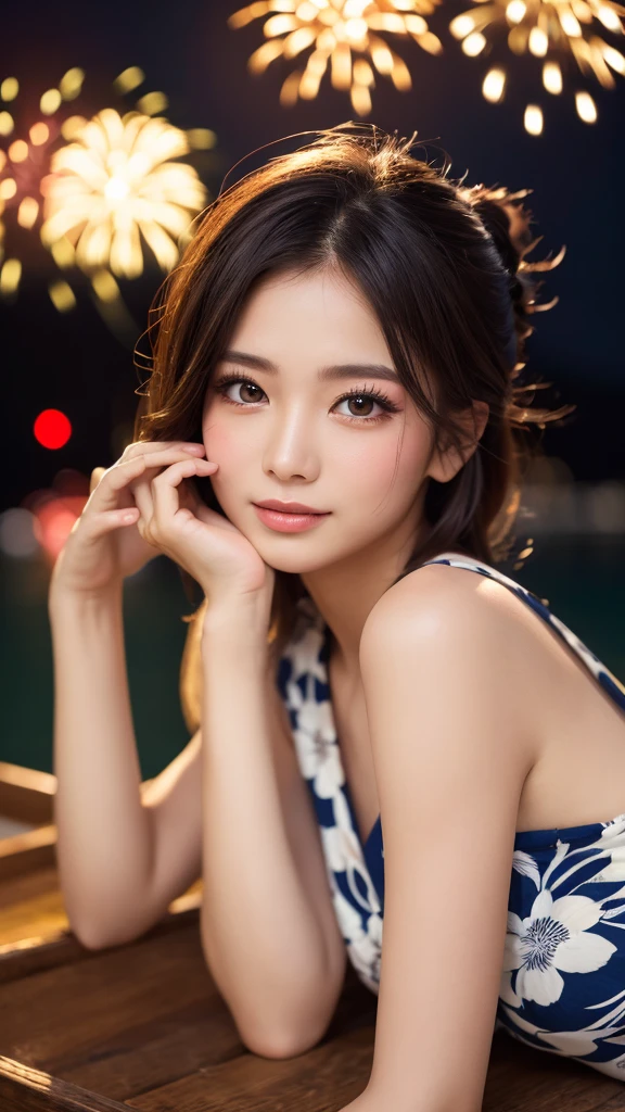 (Highest quality, 8k, masterpiece: 1.3),double eyelid　Fine grain　Highly detailed face and skin　Beautiful legs　Fireworks display　yukata