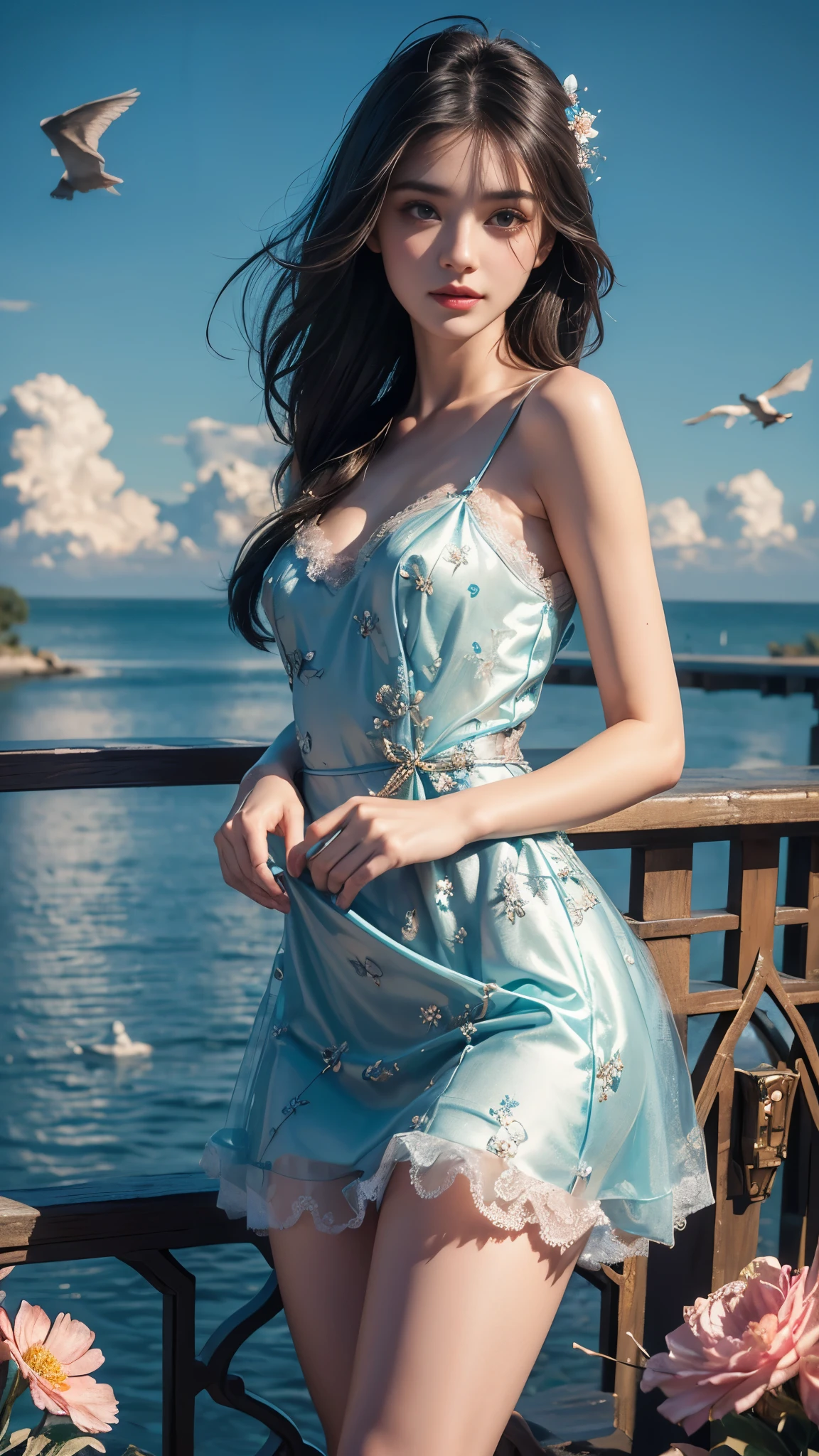 8K, UHD, masterpiece, 1 girl, good face, very long hair, detailed eyes, detailed lips, light makeup, small breasts, ((ornament dress)), teal dress, ((strap lace)), stocking, in the cloud, cloudy sky, flowers, water, heaven, flying birds, dim lighting, realistic shadow, bloom, ray tracing,
