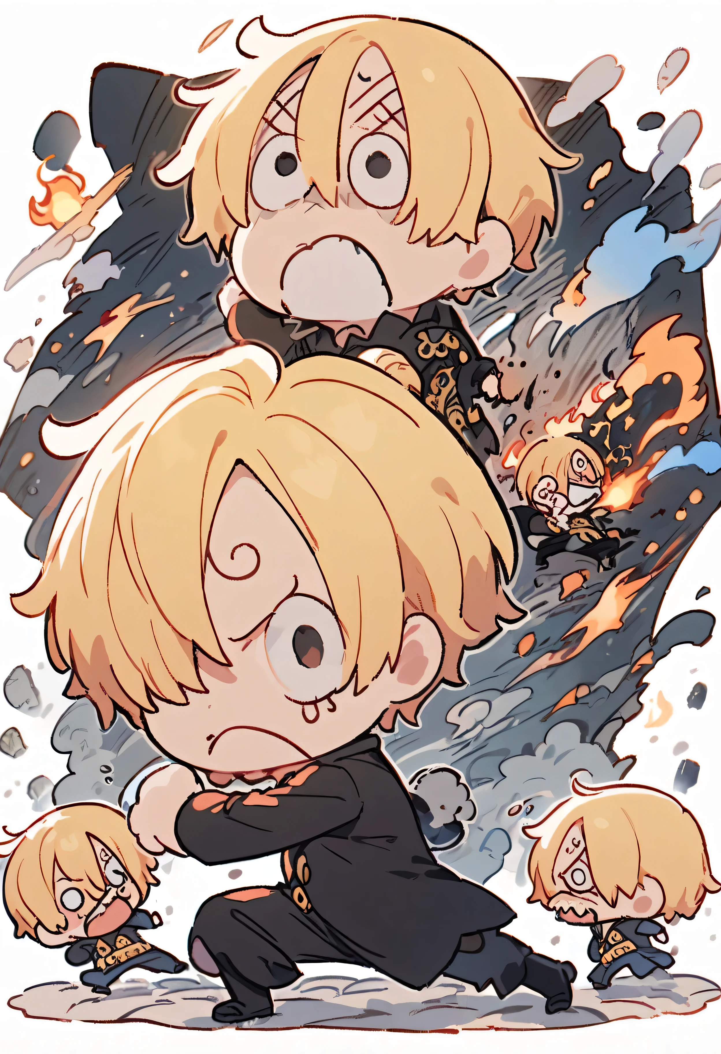 (masterpiece, best quality), intricate details, 1 boys, sanji, chibi, big head, squabbling, sanji \(one piece\), side profile shot, funny pose, attacking with flaming kick, full body and elements in the frame, white background, medium contrast, subject fully visible, full subject in frame, one character, one person only, no other character than sanji, everything inside frame parameters, no missing limbs