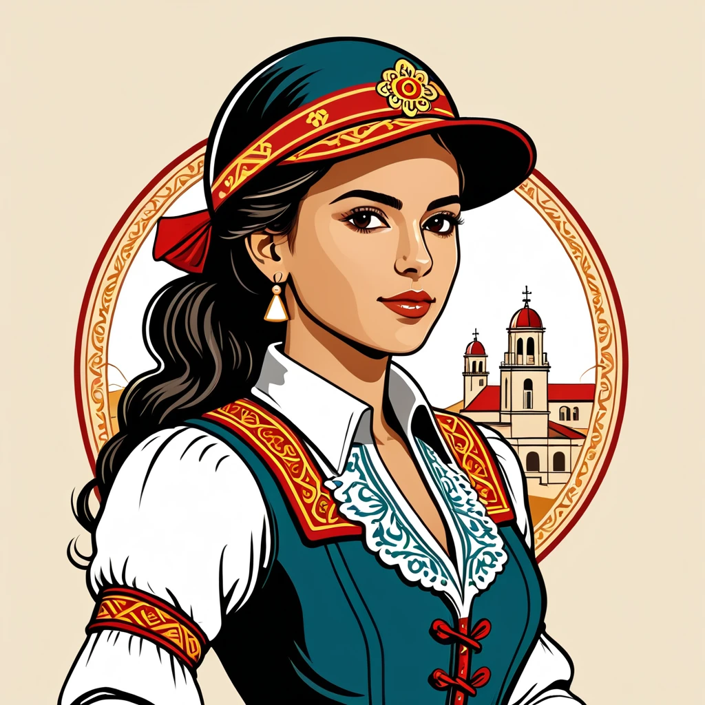 female engineer in spanish folk outfit ,vector graphics, strong contours, logo design