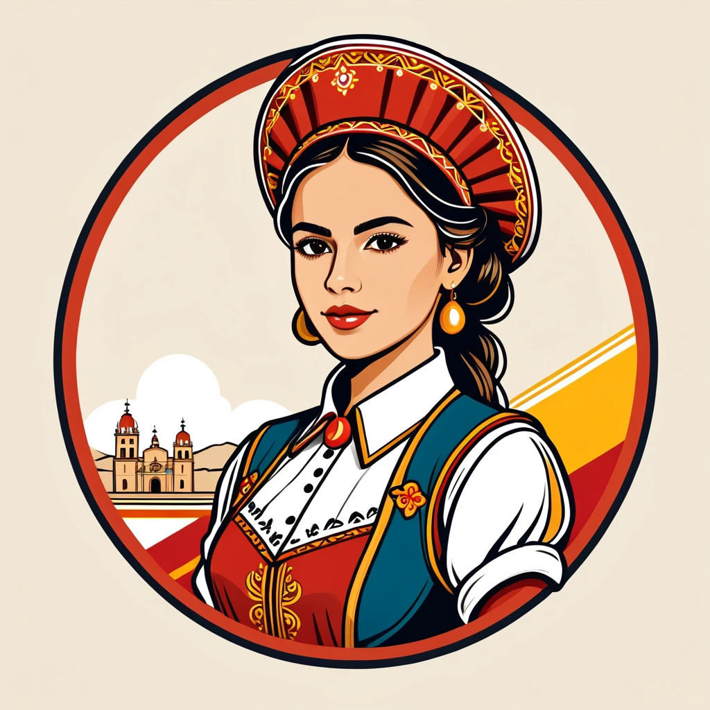 female	engineer	in spanish folk outfit	,vector graphics, strong contours, logo design																						