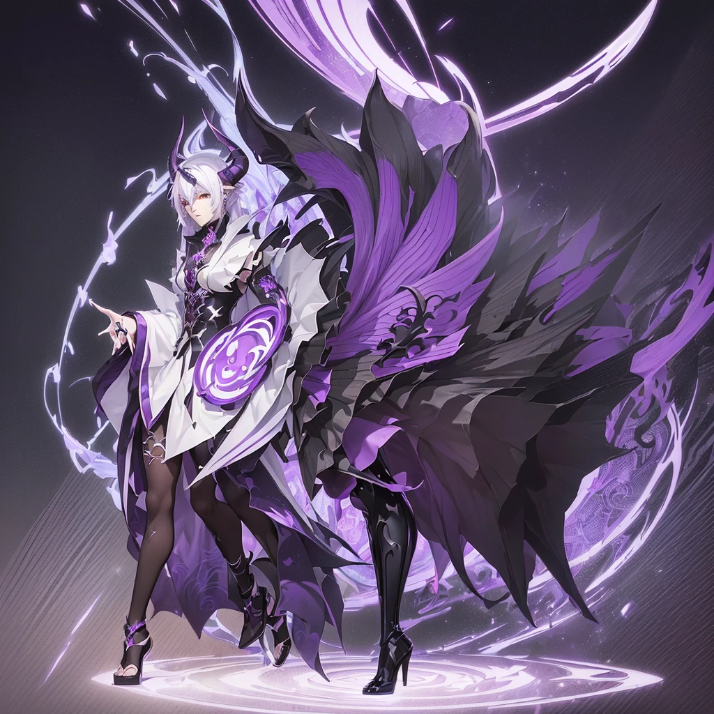 ((best quality)), ((mastanime character dressed in black and purple with white hair and horns, anime character; (((full body art))), Anime full body illustration, White-haired Nuegami, beautiful male nue, Handsome man with dragon slayer art, ((wearing a noble&#39;s robes)), fox ears, tall anime man, ((have long white hair)), astral witch clothes, Stylish Dark Witch Piece)), (detailed), perfect face