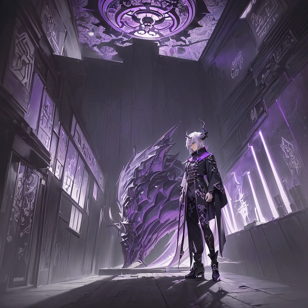 ((best quality)), ((mastanime character dressed in black and purple with white hair and horns, anime character; (((full body art))), Anime full body illustration, White-haired Nuegami, beautiful male nue, Handsome man with dragon slayer art, ((wearing a noble&#39;s robes)), fox ears, tall anime man, ((have long white hair)), astral witch clothes, Stylish Dark Witch Piece)), (detailed), perfect face