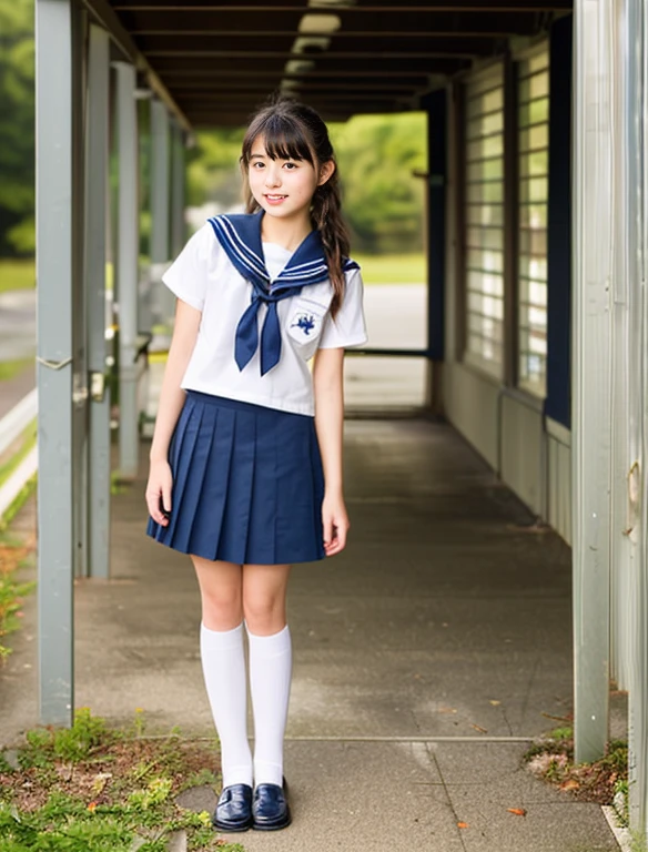 Japanese Sailor 、dark blue 、Navy Pleated Skirt、beautiful girl、、(((Leave the bottom of your sailor uniform out)))、Black Hair、ponytail、((No bangs:1.2))、((Stick out your forehead))、I love you、spinning、White socks、loafers、Standing position、Serious expression、overbite、School、middle Schoo