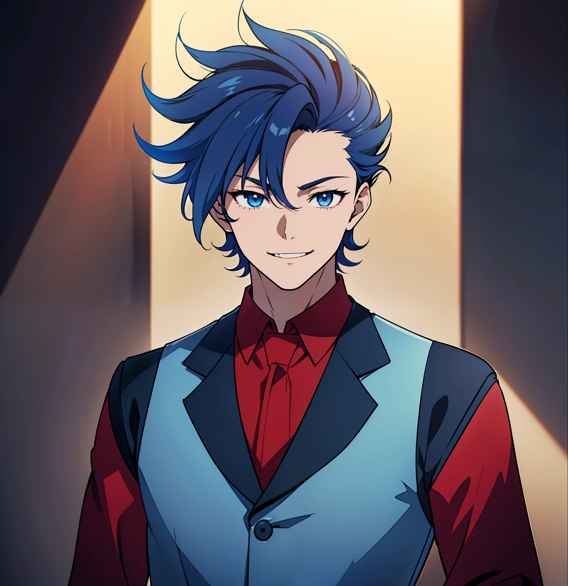 anime boy, smiling, happy, holding glass, dark blue hair, blue eyes, red clothes, (beautiful and aesthetic:1. 5), thick black lineart, clean lineart, perfect lineart, moody lighting, gritty, intense, sharp lineart, best quality, high quality, best quality, ultra-detailed, saturated colours, HD,