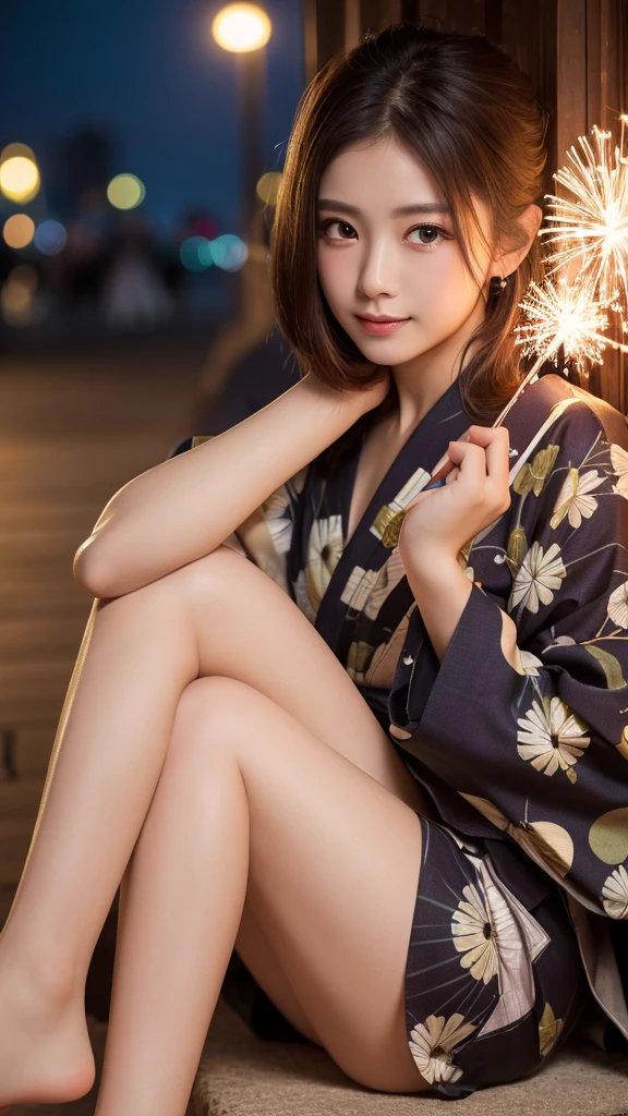 (Highest quality, 8k, masterpiece: 1.3),double eyelid Fine grain Highly detailed face and skin Beautiful legs Fireworks display yukata