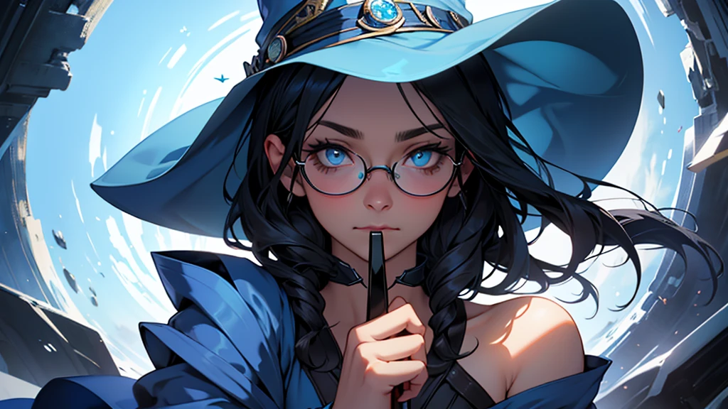 4k ultra high quality, human woman, sharp blue eyes, round face, small slightly upturned nose, curious expression, shoulder length blue-black hair, wearing modest blue dress, wearing a very big oversized blue wizard hat and spectacles
