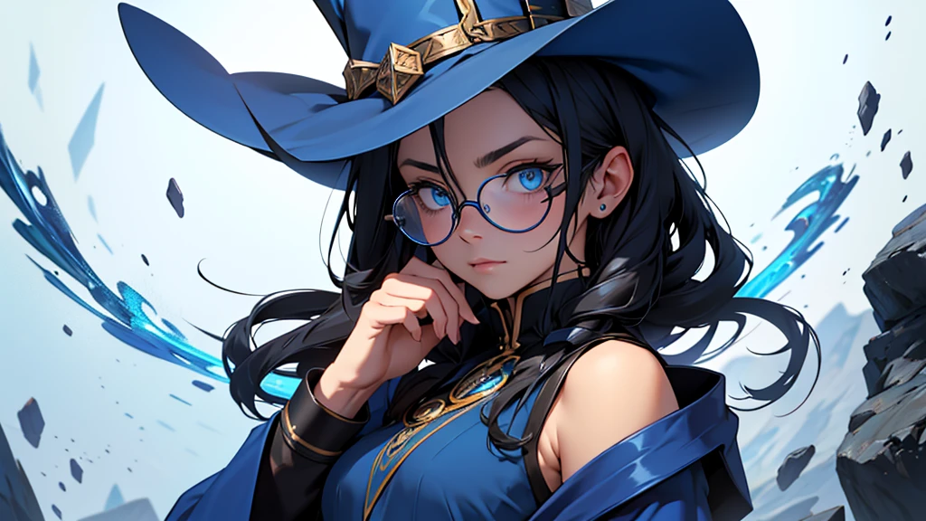 4k ultra high quality, human woman, sharp blue eyes, round face, small slightly upturned nose, curious expression, shoulder length blue-black hair, wearing modest blue dress, wearing a very big oversized blue wizard hat and spectacles