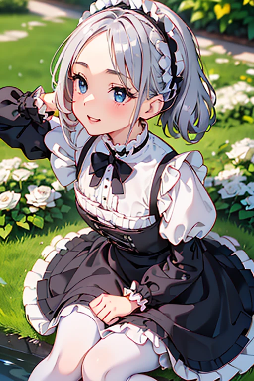 #基本
A girl is posing for a photo, ((One Girl)), (((Baby Face:1.2)) + ((cute:1.3))),
#A girl is posing for a photo, ((One Girl)), (((Baby Face)) + ((cute)) + 16 years old),
break
#Clothing Accessories
(((Black and white)Gothic Lolita style maid outfit) : Elegant + (Dirndl) + Gothic Lolita Fashion + Dark Gothic Lolita + (Black and white)jabot + (black corset) + ((Black and white)Headdress) + (White apron)) + (Low denier black pantyhose:1.4) + (Black High Heels),
red gem earrings,
break
#Features
((Silver Hair:1.4)), (Bangs that expose the forehead:1.3 + I can see a beautiful forehead:1.3), (ponytail : A little short hair + Curly hair + Fuller Hair),
(Droopy eyes, blue eyes, (Big eyes:1.2)), (Very small breasts),
break
#background environment
(noon, (The garden of a large Western-style mansion + grass + Garden of roses + The sun shines on the girl)),
#Facial Expression Pose
((smile:1.3), blush), (Confident and elegant appearance, (Sitting with legs crossed)),
#composition
(To the camera, (Focus from the side), (whole body)),
break
#Body parts elements
(Slim figure),
(Detailed Hair, Beautiful Hair, Shiny Hair),
(double eyelid, Long eyelashes),
(Expression of fine eyes, Beautiful and delicate eyes, Sparkling eyes, Eye Reflexes, Glitter Eyeliner),
(Human Ear),
(Beautiful Nose, Thin Nose),
(Glossy Lips, Beautiful Lips, Thick lips, Glossy Lips, Natural Cheeks),
(Detailed face, Symmetrical facial features),
(Detailed skin, Textured skin, Beautiful Skin, Glowing Skin),
break
#Quality Image Quality Common
(((Highest quality)), ((masterpiece)), ((Very detailed))), ((High resolution)), ((16K,1080P)),
(Anatomically correct), (Realistic), (3DCG),
#Quality image illustration
((comics, anime)), CG illustration,