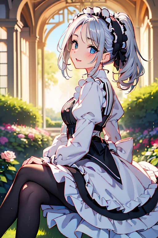 #基本
A girl is posing for a photo, ((One Girl)), (((:1.2)) + ((cute:1.3))),
#A girl is posing for a photo, ((One Girl)), (((Baby Facete)) + 16 years old),
bring Accessories
(((Black and white)Gothic Lolita style maid outfit) : Elegant + (Dirndl) + Gothic Lolita Fashion + Dark Gothic Lolita + (Black and white)jabot + (black corset) + ((Black and white)Headdress) + (White apron)) + (Low denier black pantyhose:1.4) + (Black High Heels),
red gem earrings,
break
#Features
((Silver Hair:1.4)), (Bangs that expose the forehead:1.3 + I can see a beautiful forehead:1.3), (ponytail : A little short hair + Curly hair + Fuller Hair),
(Droopy eyes, blue eyes, (Big eyes:1.2)), (Very small breasts),
break
#background environment
(noon, (The garden of a large Western-style mansion + grass + Garden of roses + The sun shines on the girl)),
#Facial Expression Pose
((smile:1.3), blush), (Confident and elegant appearance, (Sitting with legs crossed)),
#composition
(To the camera, (Focus from the side), (whole body)),
break
#Body parts elements
(Slim figure),
(Detailed Hair, Beautiful Hair, Shiny Hair),
(double eyelid, Long eyelashes),
(Expression of fine eyes, Beautiful and delicate eyes, Sparkling eyes, Eye Reflexes, Glitter Eyeliner),
(Human Ear),
(Beautiful Nose, Thin Nose),
(Glossy Lips, Beautiful Lips, Thick lips, Glossy Lips, Natural Cheeks),
(Detailed face, Symmetrical facial features),
(Detailed skin, Textured skin, Beautiful Skin, Glowing Skin),
break
#Quality Image Quality Common
(((Highest quality)), ((masterpiece)), ((Very detailed))), ((High resolution)), ((16K,1080P)),
(Anatomically correct), (Realistic), (3DCG),
#Quality image illustration
((comics, anime)), CG illustration,