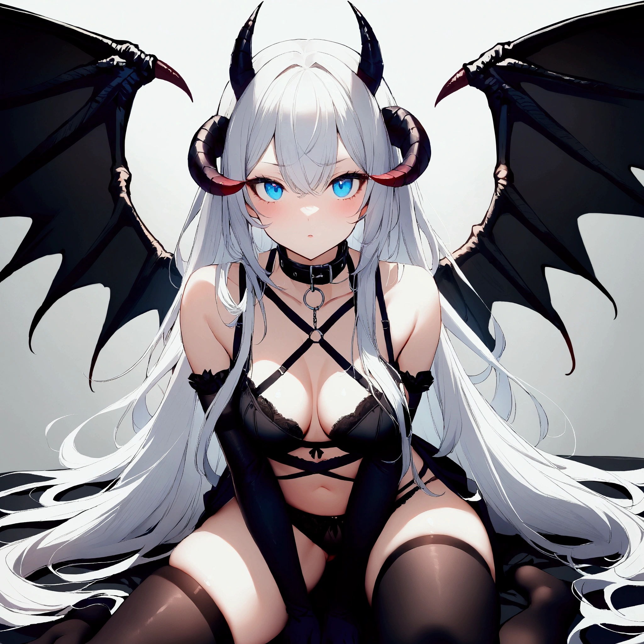 1girl, black gloves, black panties, black thighhighs, blue eyes, bra, collar, demon girl, elbow gloves, gloves, horns, long hair, looking at viewer, panties, solo, thighhighs, underwear, very long hair, white hair, wings