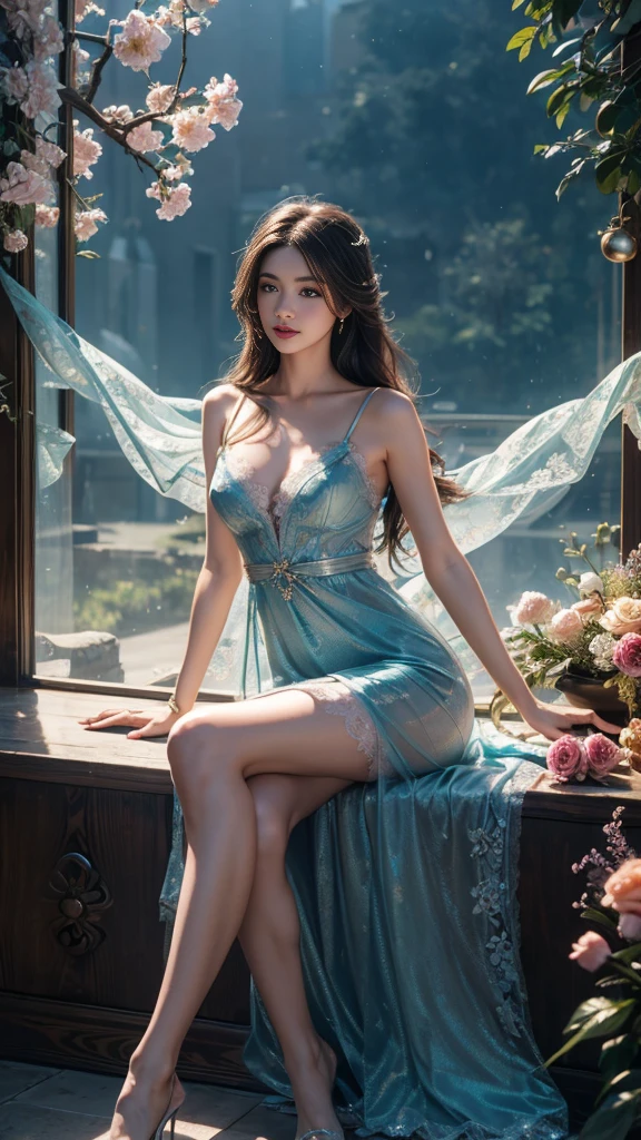 8K, UHD, masterpiece, 1 girl, good face, very long hair, detailed eyes, detailed lips, light makeup, small breasts, ((ornament dress)), teal dress, ((strap lace)), stocking, in the cloud, cloudy sky, flowers, water, heaven, flying birds, dim lighting, realistic shadow, bloom, ray tracing, sitting,
