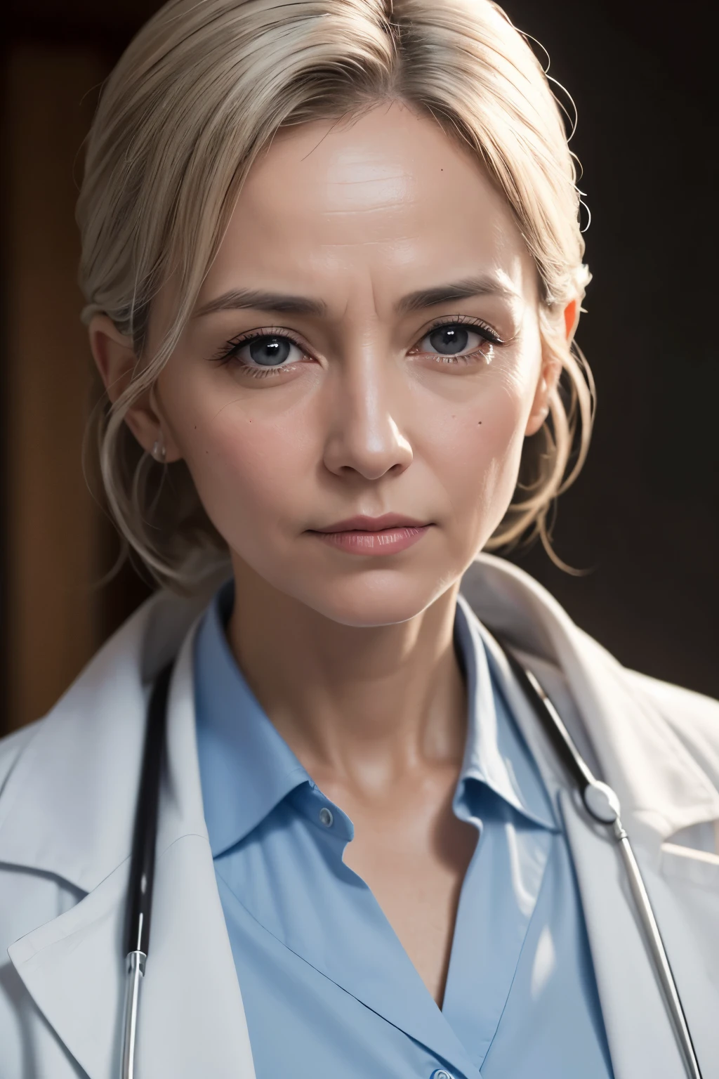 8K high resolution, photorealistic image, masterpiece of a doctor in pristine white coat, holding medical tools with a focused expression, gazing directly into the camera lens. The depth of field highlights the doctor's sharp features and intricate detailing of her work equipment, while the background is subtly blurred. Cinematic lighting bathes the scene in soft, warm tones, casting gentle shadows that emphasize the doctor's dedication and professionalism. The image captures every detail, from the wrinkles around her eyes to the tiny hair-like fibers on her medical gloves. The overall effect is one of realism and intimacy, inviting the viewer into the doctor