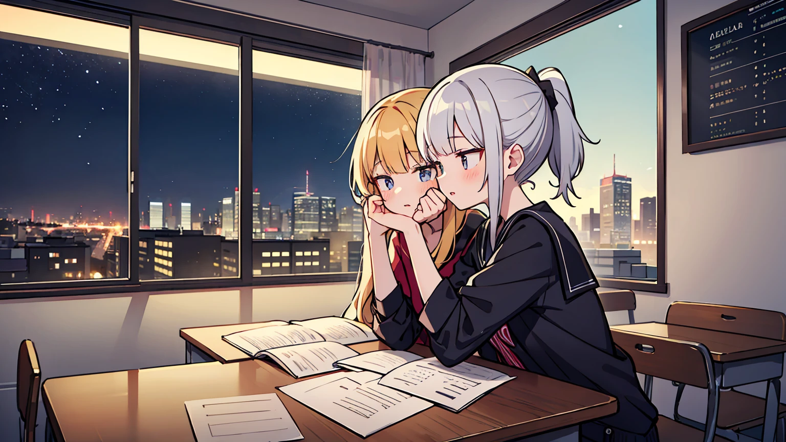 (masterpiece, best quality),2 women, different hair colors, different faces, ponytail, shot,letterboxed, perfection of fashion,chapped lips, casual attire, upper body, from the side,Floor-to-ceiling windows with a view of the busy city at night,Teaching students to study at an expert table, eyes look at the note, together, stylish outfit,
