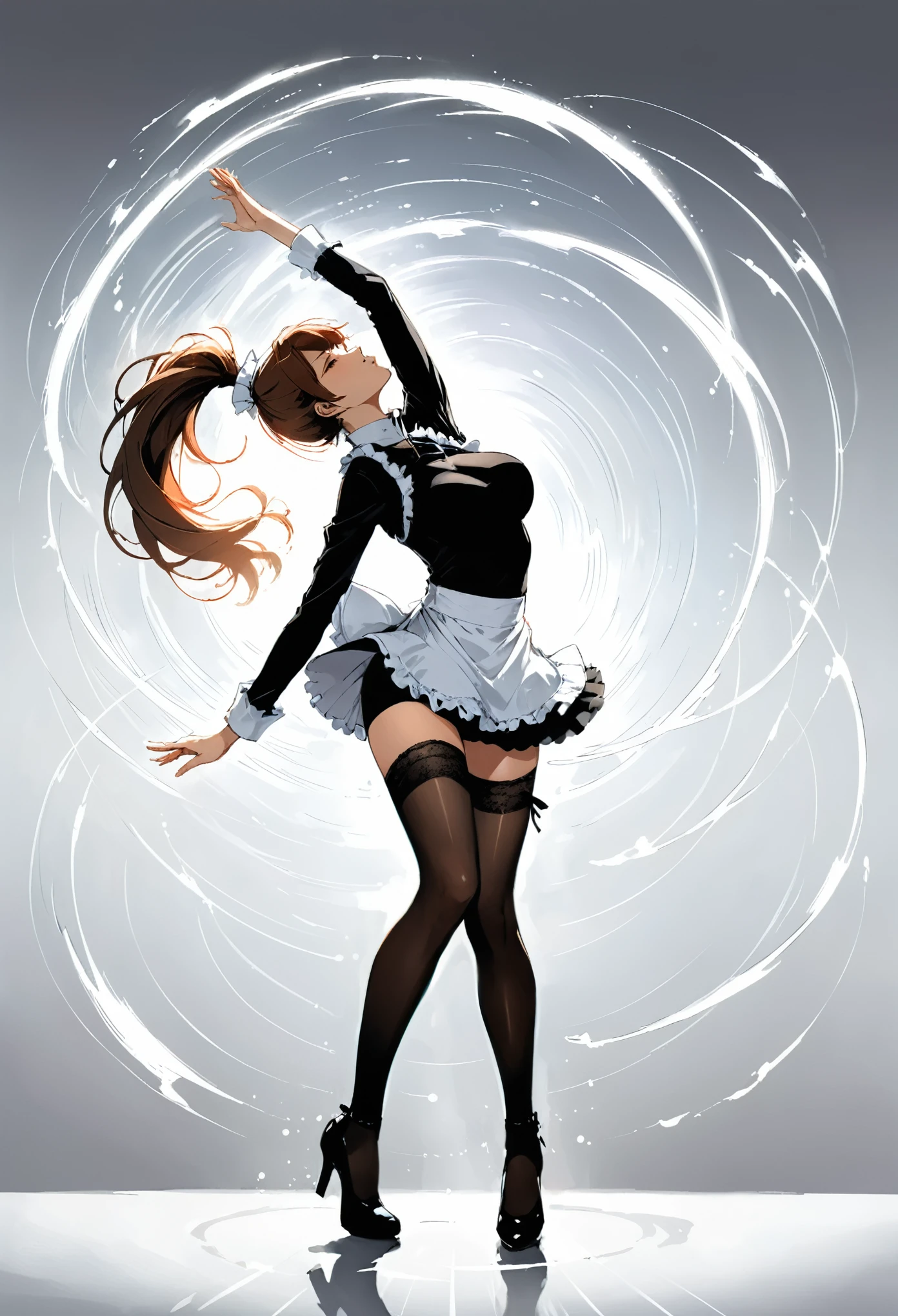 in style of Ashley Wood,in style of Frank Miller,
1girl,white_background,(stockings:1.3),(from_side:1.2),looking_at_viewer,dynamic pose,(stretch your leg behind your back :1.2),long sleeves covered over the shoulders,high-necked maid outfit,(stretch your arms behind your back:1.2),high ponytail,unbelievably long hair,stretch with one leg bent at the knee,huge breasts,(diffraction gradient:1.5),(as the hands rotates, it creates rising winds and air currents:1.4),(explosive speed lines:1.5),(motion_blur:1.4),