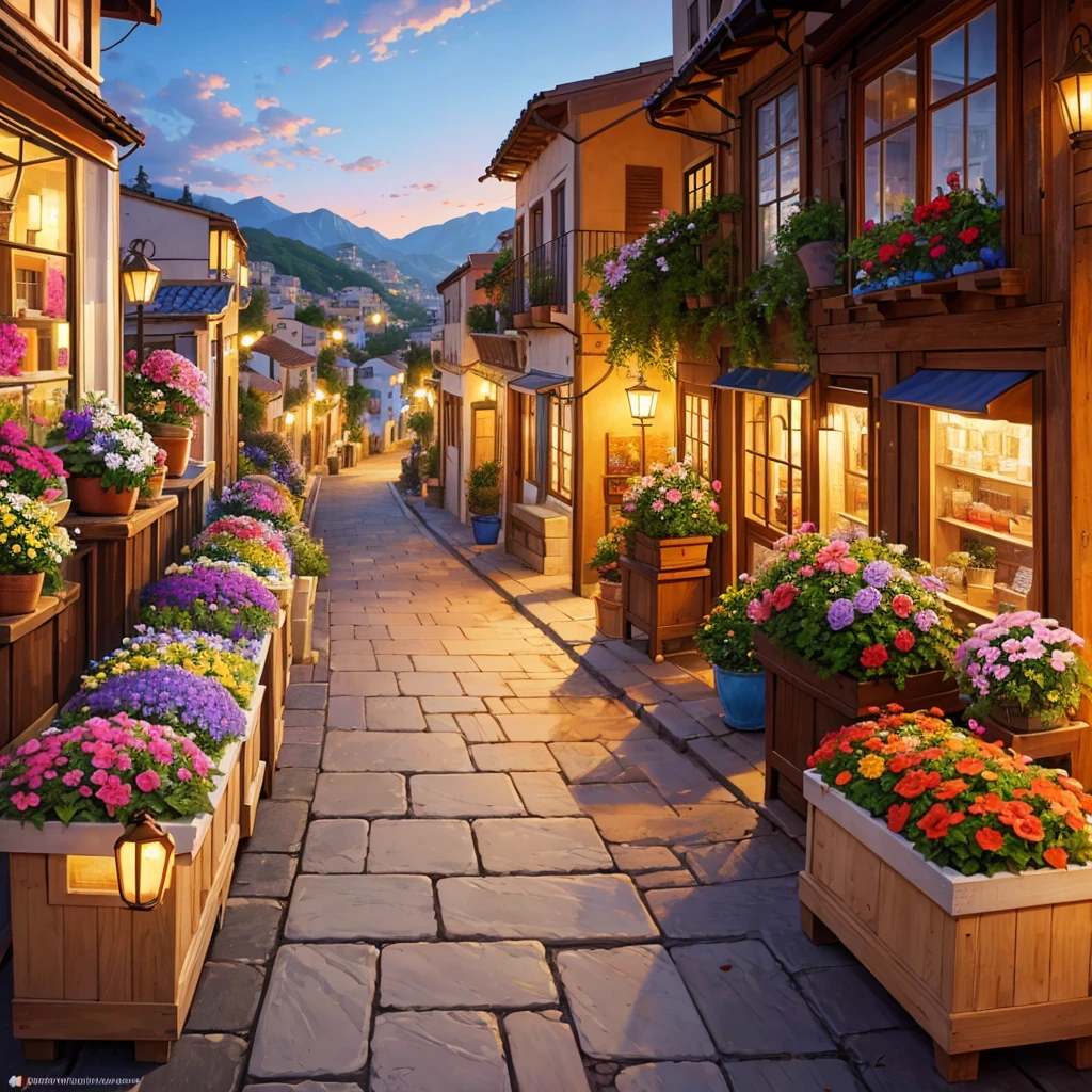 painting of a street with a flower shop , flowers, beautiful art uhd 4 k, a beautiful artwork illustration, beautiful digital painting, highly detailed digital painting, beautiful digital artwork, a bustling magical town, mediterranean fisher village, mediterranean city, detailed painting 4 k, ancient mediterranean village, very detailed digital painting, rich picturesque colors, gorgeous digital painting