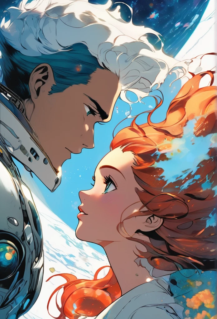 Two main characters staring at each other intensely. The woman has curly red hair that falls long over her shoulders., with eyes that mix the colors of honey and green. The man has short white hair with shades of light blue, gray blue eyes and a blue tattoo that runs up his neck. The cover background displays a planet in shades of white and blue, creating an ethereal and futuristic setting. The characters&#39; expressions are profound, suggesting an emotional connection and an engaging story. Soft lighting highlights the details of faces and the vibrant colors of hair and eyes, while the planet in the background adds a touch of mystery and fantasy.