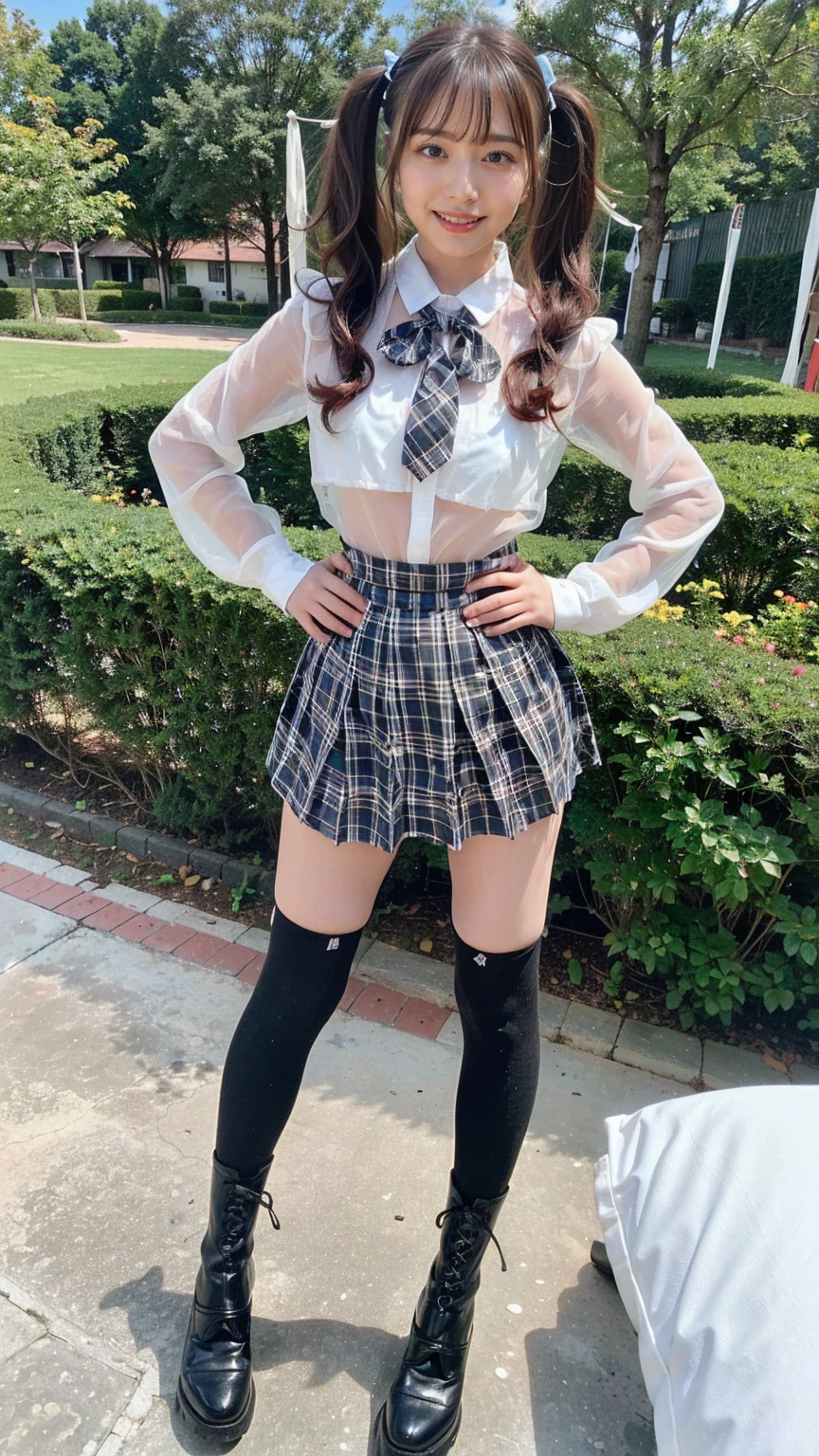 (8k、RAW Photos、Highest quality、masterpiece:1.2)、(Realistic、Realistic)、1 Girl、((See-through、Twin tails、Idol Costume、Exposed Skin、ribbon、Light blue and black checked mini skirt、Frilledium Hair、smile、whole body、boots、garden、View from the front、Looking at the camera、Hands on your hips))、cute