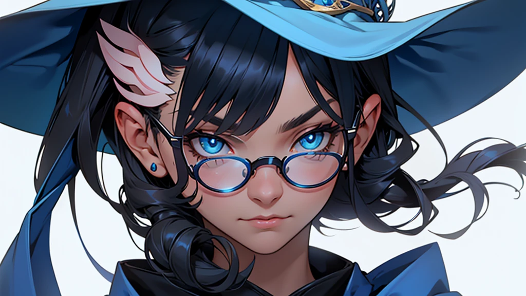 4k ultra high quality, human woman, sharp blue eyes, round face, small slightly upturned nose, curious expression, shoulder length blue-black hair, wearing modest blue dress, wearing a very big oversized blue wizard hat and spectacles