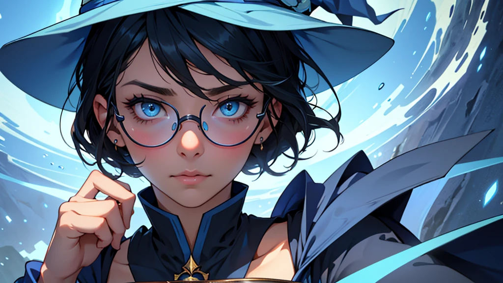 4k ultra high quality, human woman, sharp blue eyes, round face, small slightly upturned nose, curious expression, shoulder length blue-black hair, wearing modest blue dress, wearing a very big oversized blue wizard hat and spectacles