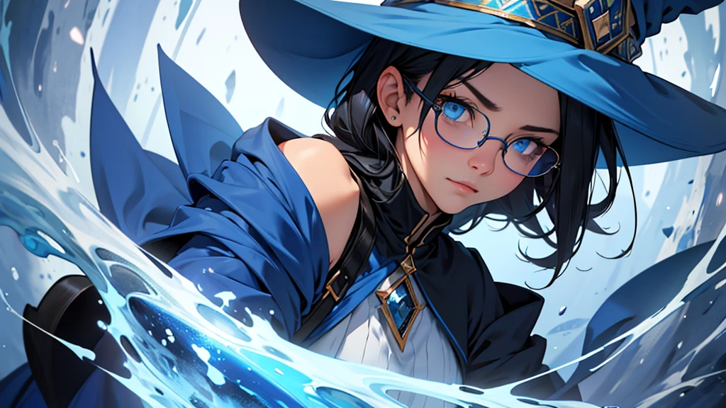4k ultra high quality, human woman, sharp blue eyes, round face, small slightly upturned nose, curious expression, shoulder length blue-black hair, wearing modest blue dress, wearing a very big oversized blue wizard hat and spectacles