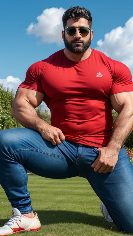 NSFW , ((Highest quality, 8K, Masterpiece: 1.3))、Thailand Laos Burma Asia, Thai man, A handsome Asian rugby player with short hair, a muscular beard, and big muscles., 1A man who has、 yo、Good appearance、Beautiful nose、smile、 Detailed eyes and face、beautiful light、(studio)、high resolution、(Look at the viewer.)、Fine mouth、smile、whole body: 1.5, perfect shape: 1.3, Picture of both shoulders:1.3, Navy blue round neck t-shirt:1.5 , (genital very long big : 1.2),(Big testicles),(Erection of the penis: 1.2), (How:1.3)