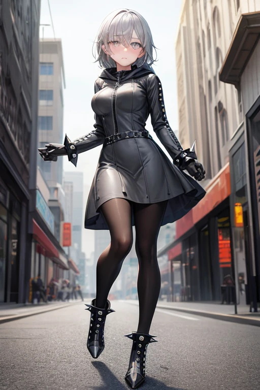 ((best quality)), ((masterpiece)), (detailed), 1 girl, Full body, 18 years old, Depressed face, Silver eyes, Gray zippered hood, Blushing, Silver hair, Straight hair, Bangs, Lock of hair covering her eye, Full body, Medium breasts, Slim body, Metal spikes, Grey wristbands, Long black gloves with spikes, Grey Gothic dress, Grey dress with metal spikes, Metal emblem, Somewhat tight, Black belt, Metal legs, Black pantyhose, Black boots, Walking through the city, Metal coming out of the road, City background, Anime