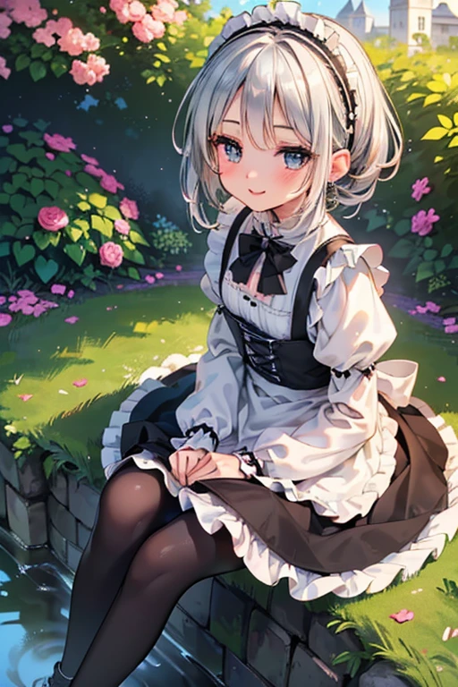 #基本
A girl is posing for a photo, ((One Girl)), (((Baby Face:1.2)) + ((cute:1.3))),
#A girl is posing for a photo, ((One Girl)), (((Baby Face)) + ((cute)) + 16 years old),
break
#Clothing Accessories
(((Black and white)Gothic Lolita style maid outfit) : Elegant + (Dirndl) + Gothic Lolita Fashion + Dark Gothic Lolita + (Black and white)jabot + (black corset) + ((Black and white)Headdress) + (White apron)) + (Low denier black pantyhose:1.4) + (Black High Heels),
red gem earrings,
break
#Features
((Silver Hair:1.4)), (Bangs that expose the forehead:1.3 + I can see a beautiful forehead:1.3), (ponytail : A little short hair + Curly hair + Fuller Hair),
(Droopy eyes, blue eyes, (Big eyes:1.2)), (Very small breasts),
break
#background environment
(noon, (The garden of a large Western-style mansion + grass + Garden of roses + The sun shines on the girl)),
#Facial Expression Pose
((smile:1.3), blush), (Confident and elegant appearance, (Sitting with legs crossed)),
#composition
(To the camera, (Focus from the side), (whole body)),
break
#Body parts elements
(Slim figure),
(Detailed Hair, Beautiful Hair, Shiny Hair),
(double eyelid, Long eyelashes),
(Expression of fine eyes, Beautiful and delicate eyes, Sparkling eyes, Eye Reflexes, Glitter Eyeliner),
(Human Ear),
(Beautiful Nose, Thin Nose),
(Glossy Lips, Beautiful Lips, Thick lips, Glossy Lips, Natural Cheeks),
(Detailed face, Symmetrical facial features),
(Detailed skin, Textured skin, Beautiful Skin, Glowing Skin),
break
#Quality Image Quality Common
(((Highest quality)), ((masterpiece)), ((Very detailed))), ((High resolution)), ((16K,1080P)),
(Anatomically correct), (Realistic), (3DCG),
#Quality image illustration
((comics, anime)), CG illustration,