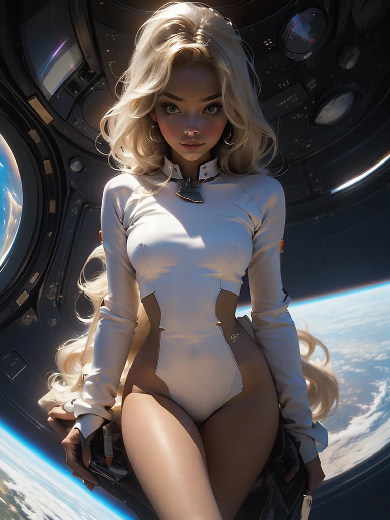((work of art)), ((best qualityer)), (detailded), perfect, alone, gorgeous woman, Delicious lips, hair blonde, sexly, fully body, delicious. She is riding in a spaceship traveling outer space.