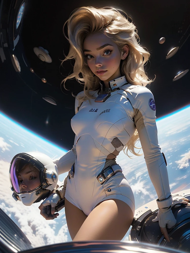 ((work of art)), ((best qualityer)), (detailded), perfect, alone, gorgeous woman, Delicious lips, hair blonde, sexly, fully body, delicious. She is riding in a spaceship traveling outer space.