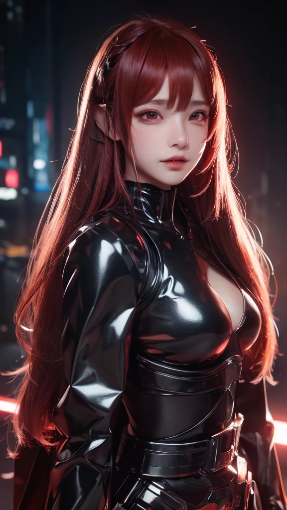 high resolution,8k,1女の子のDetailed, Cyberpunk Costume,Only black clothing,The costume is shiny,Shiny red long hair,8k,Detailed目,8k, Detailed,The background is white
