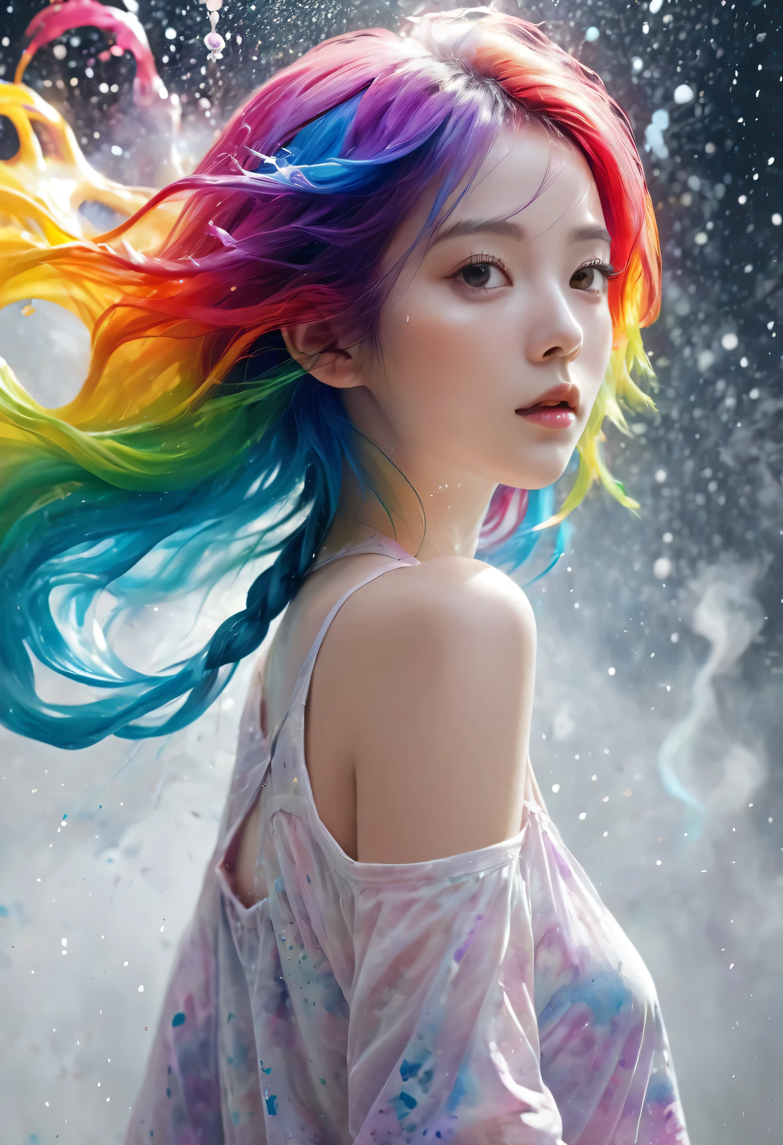 (Level Difference:1.8),(Paints collide and splatter on the canvas),(Depth of written boundary),(Flat Color:1.1,(theme)),1 girl,Poster,14 years old, Full body woman love,Strong winds,thick smoke,,(liquid dye for rainbow hair:1.1) Painted,anti-gravity,stringy viscous liquid,(Paint splashes:1.3),liquidity,Stunningly beautiful, masterpiece, Detailed Background,Super high quality model, Fantastic Background,Abstract Beauty, Volume, Painting,Blowing,Romantic lighting,Scattered beneath the surface,Shine,8k,High resolution, wonderful,Ray Tracing,Human Development Report,Divine Light,