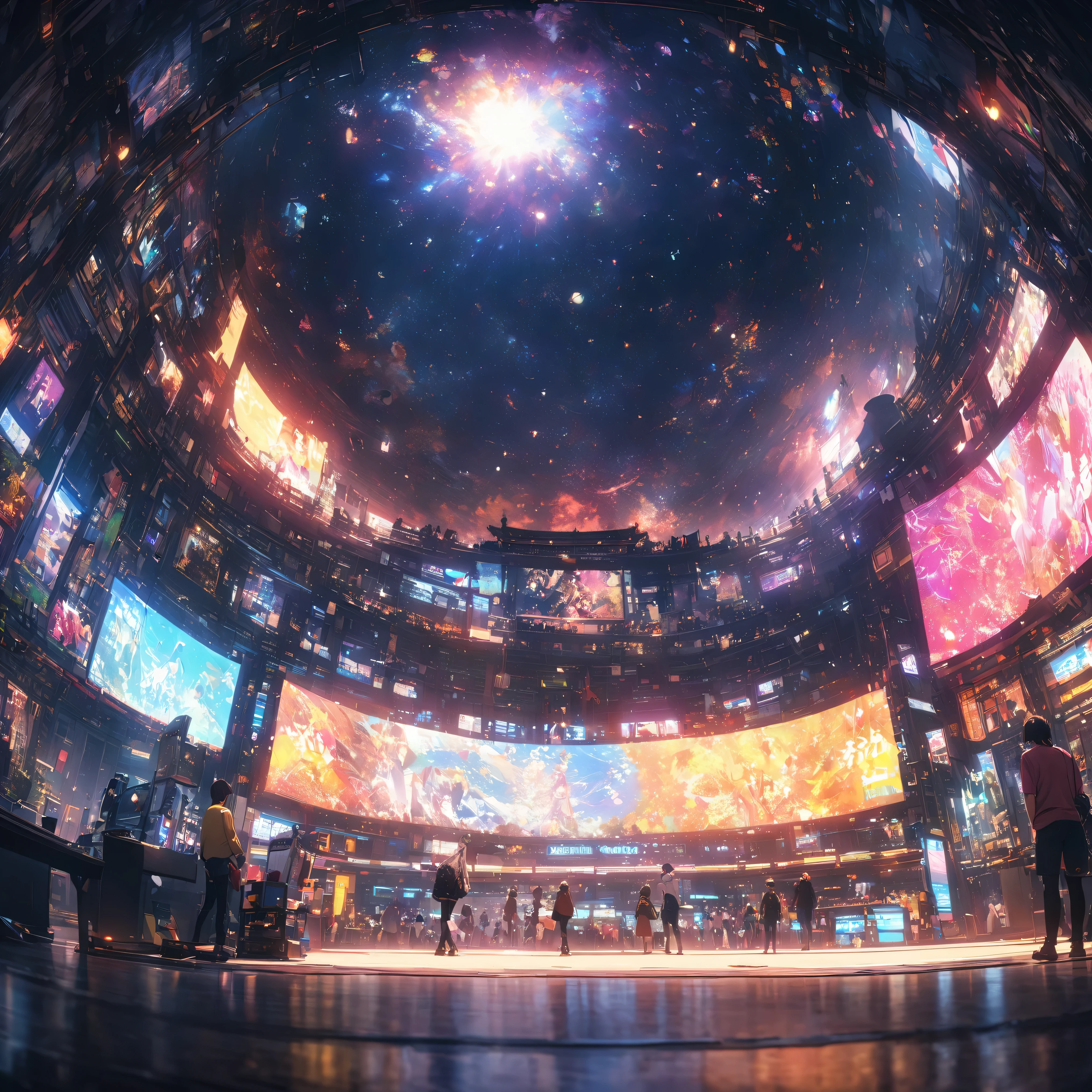 (panorama, center, masterpiece, Highest quality: 1.2), (8k, RAW Photos, Highest quality), ((masterpiece:1.2)), Genuineistic, Ultra-high resolution, High Contrast, Photon Mapping, Bright colors, Genuine, Very detailedな, Very detailed, RAW Photos, Genuine, Official Art, RAW Photos, Professional Lighting, Light, Professional Writing, twiceLight, Vivid atmosphere, High-definition CG, Unity 8K), The girl in the middle of the people's teeth、With a white kitten、穏やかな表情でPeople around me々々Please be kind、Your teeth spread out towards the starry sky、It symbolizes the expansion of the mind..。People around me々々Also、We treat each other with kindness and gratitude.、The overall atmosphere is warm。This painting is teeth、DayTo feel compassion for others and expand your heart in your daily life、people々It depicts how people should behave politely and calmly..。In the background there is a wide universe and a starry sky.、people々under which they live in kindness and harmony.。The scene on the left shows Day-chan's polite behavior.、Day々◼ Shows the importance of kindness and politeness in life。Background space and stars々teeth、Emphasizing that our smallest actions are connected to the grandeur of the universe、I feel a sense of abundance and peace of mind.。This painting is teeth、With kindness and an open mind、自分自身とPeople around me々々It represents a day that brings harmony and peace to the world.。