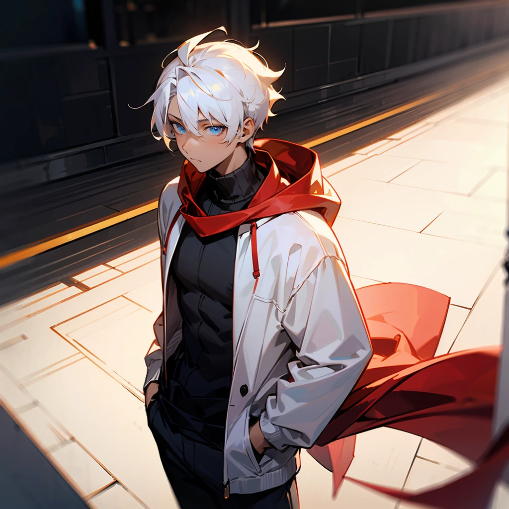 1male, Modern Undercut Hair ,Young Male, Curly White Hair , Pale Blue Eyes , Dark Skin ,Black Fitted Turtleneck Longsleeve , White Hoodie, Red Scarf , Calm Expression , Standing on Path