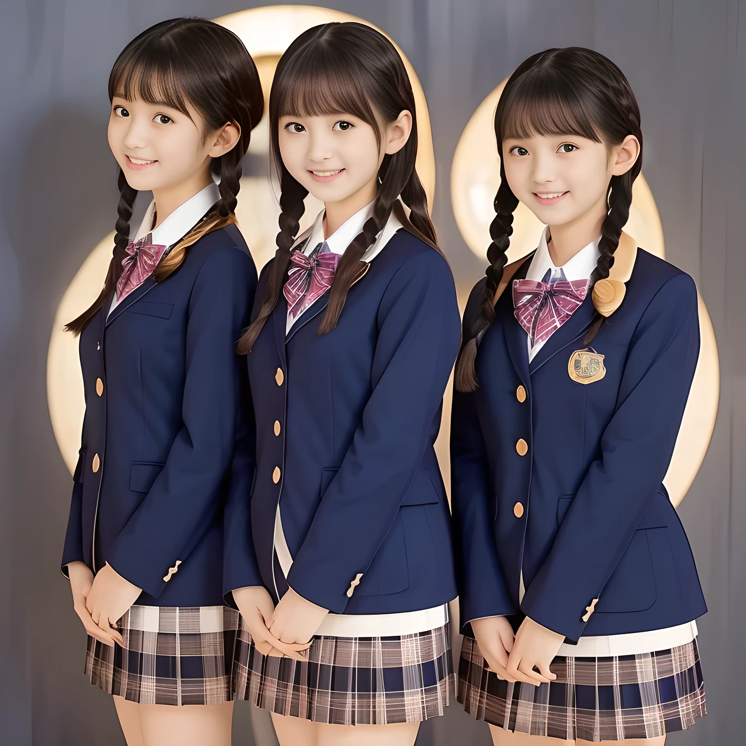 (Highest quality, masterpiece:1.2), Highest quality, High resolution, 1080P, 8k, height: 158cm, ((A noble, graceful and intelligent girl who looks like a best proportion Japanese young lady is turning around and giggling in a strong wind)), ((So sweet, very noble, neat, and pretty 14yo Japanese beautiful cute girl)), ((A real, very girly, sweet, cute and noble Japanese actress)), ((((A beautiful Japanese 14yo cute fashion magazine's model)))), ((((Very pure white face and limbs)))), Glossy Lips, (Evenly cut bangs), ((Very beautiful, droopy, cute, pure, noble brown eyes)), ((Super long, black tightly tied twin braids hair )), ((braids of the same length)) (Very shiny, glossy Lips), ((Beautiful straight hair like a school promotion model)), Watch at you, ((Incredibly well organized, Rich facial expressions)), ((Plump and beautiful white skin and face)), ((Pure, clear, gentle brown eyes)), ((staring at me)), Glossy Lips, ((noble and elegant)), Very beautiful blue skirt, ((Large upward-curving lips)), ((((Navy Japanese school blazer with noble golden emblem)))), ((Navy and sapphire blue Japanese school uniform)), ((Tartan check pattern dark blue pleated long skirt)), ((Cobalt blue string chest ribbon)), ((((An ecstatic expression of boundless joy)))), (((Beauty and fashion magazine for young girls))), (Pretty eyes and faces with detailed:1.6), ((Cute beautiful knees)), ((ample breasts))